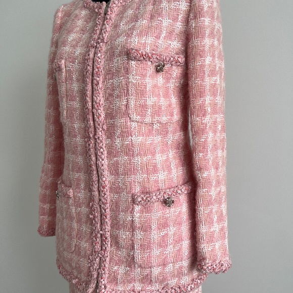 Chanel 2pc Pink Gold Button-Up Tweed Woven Trim Jacket Skirt Suit Set - Picture 2 of 11